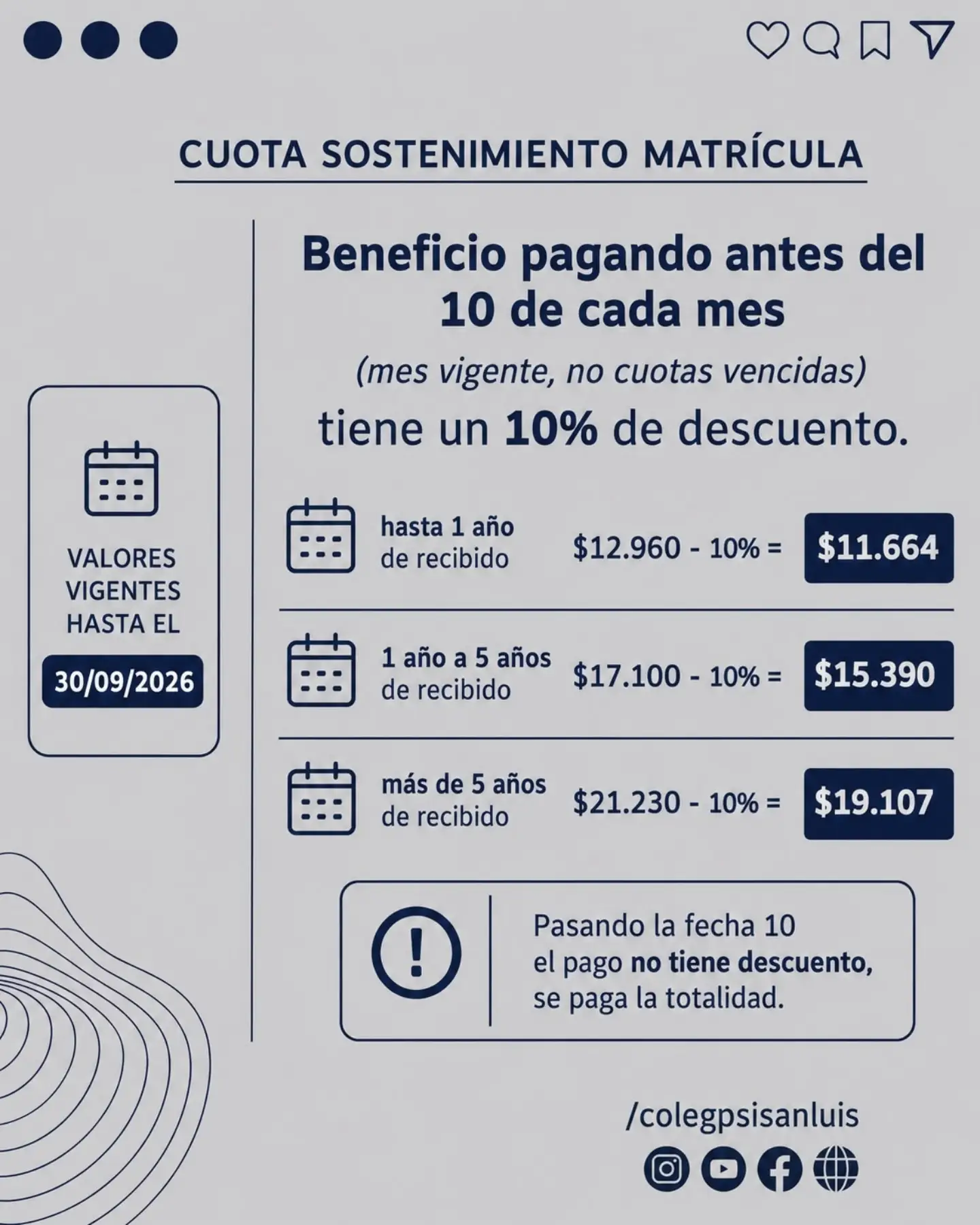 Informamos beneficios en la cuota de sostenimiento de matrícula.